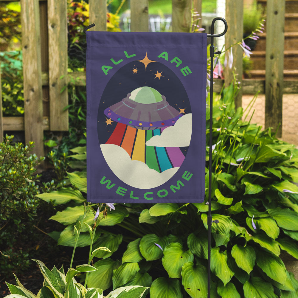 All Are Welcome Alien UFO Garden Flag