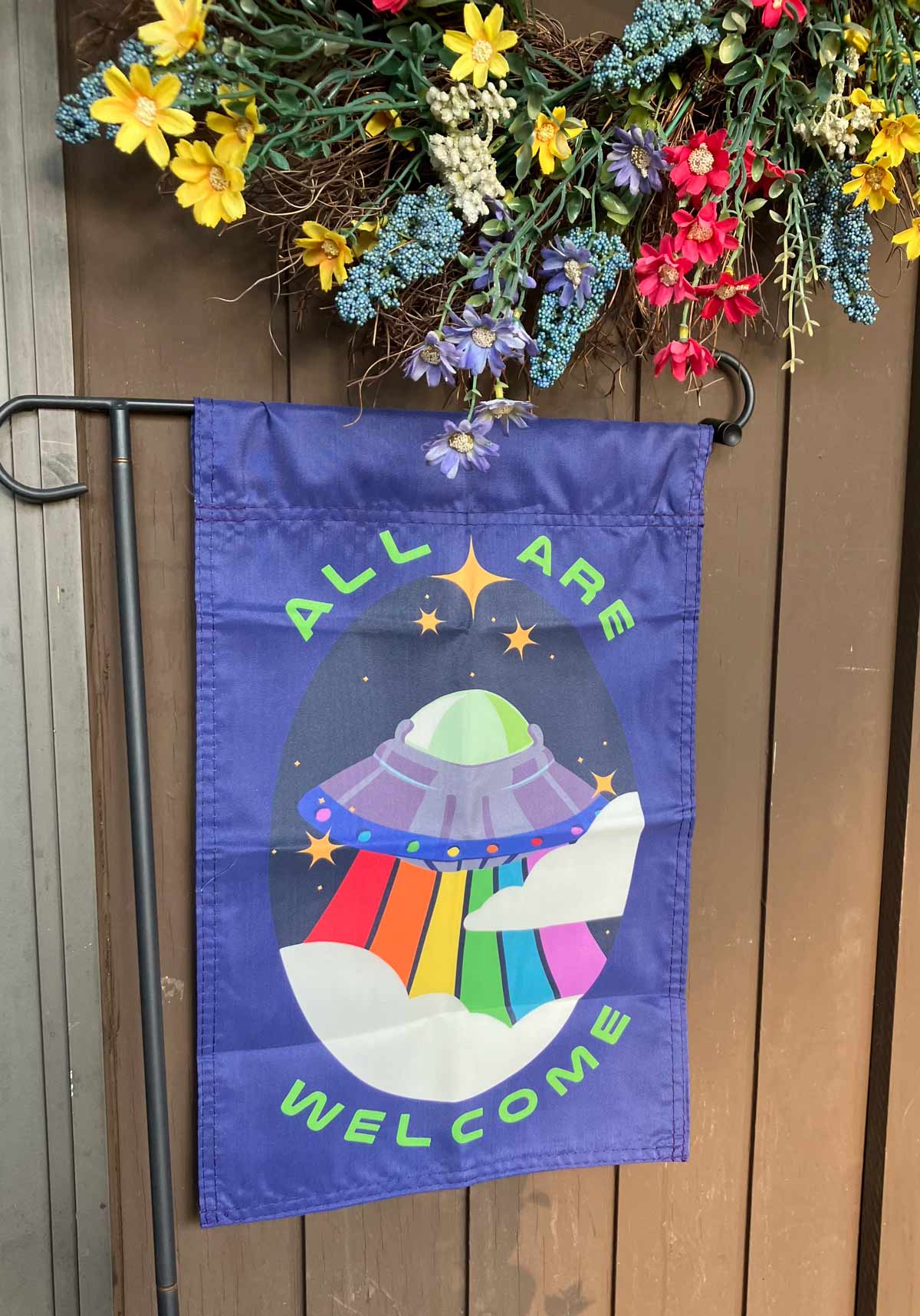 All Are Welcome Alien UFO Garden Flag
